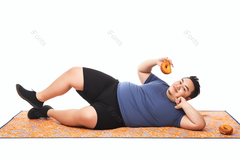 高血压肥胖男生躺在瑜伽垫上吃零食,高清,摄影图,摄影图片,图片大全,摄影图免费下载